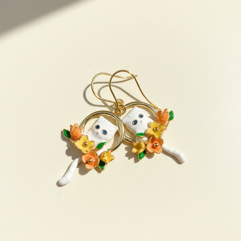 Hand-Painted Enamel Cat & Floral Drop Earrings