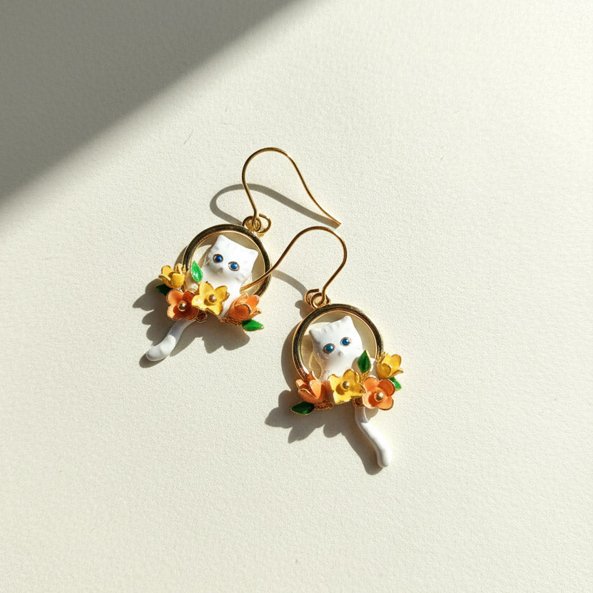 Hand-Painted Enamel Cat & Floral Drop Earrings
