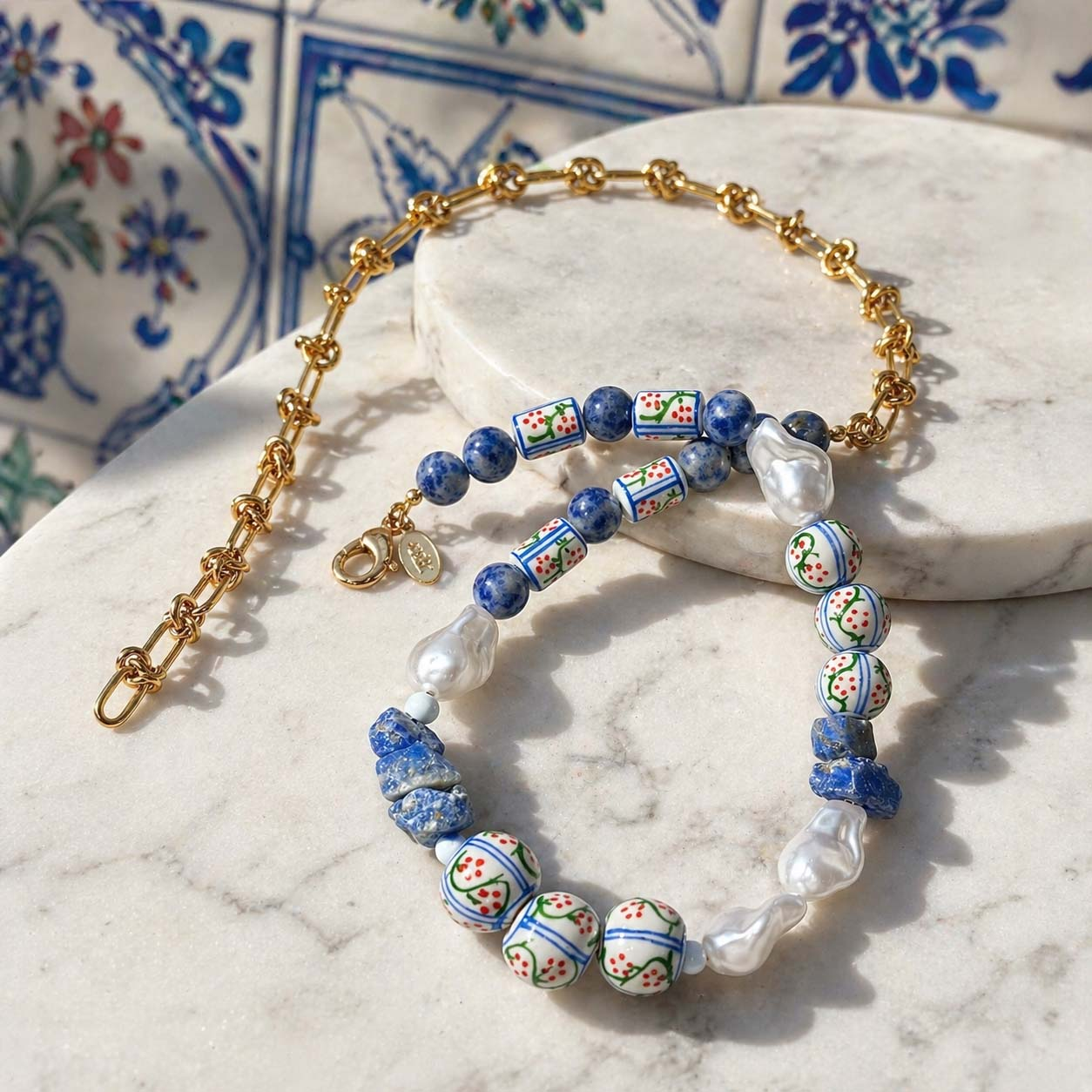 Handpainted Porcelain, Baroque Pearl & Sodalite Necklace