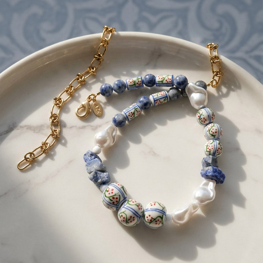 Handpainted Porcelain, Baroque Pearl & Sodalite Necklace