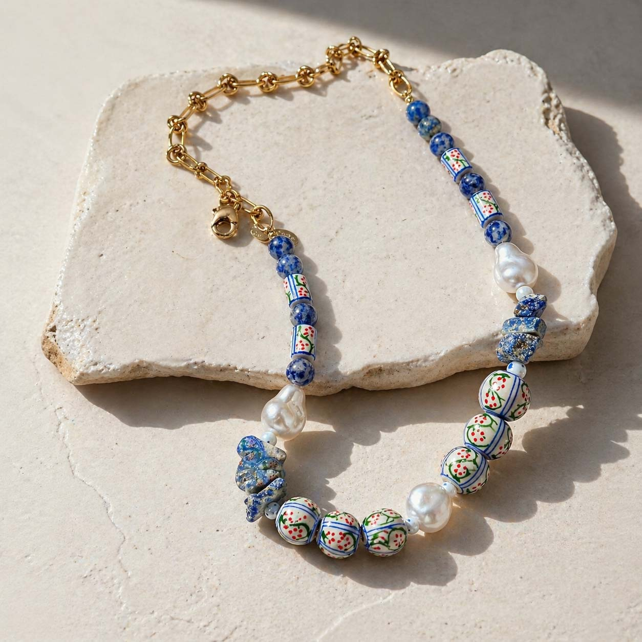 Handpainted Porcelain, Baroque Pearl & Sodalite Necklace