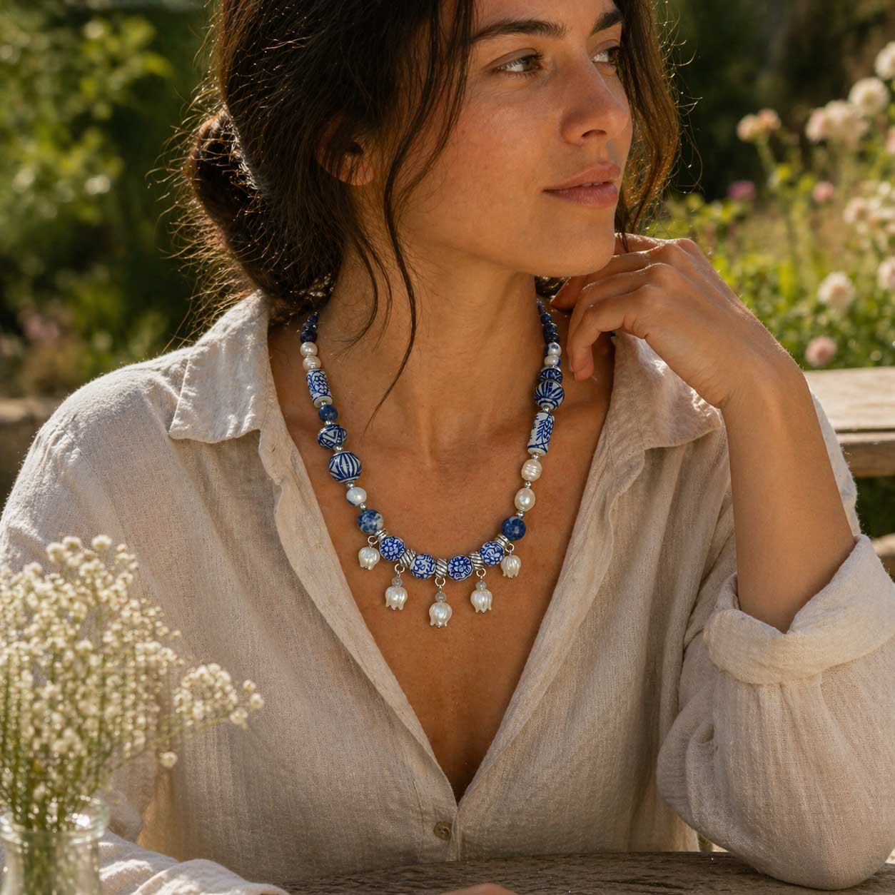 Handpainted Porcelain & Pearl Lily of the Valley Necklace