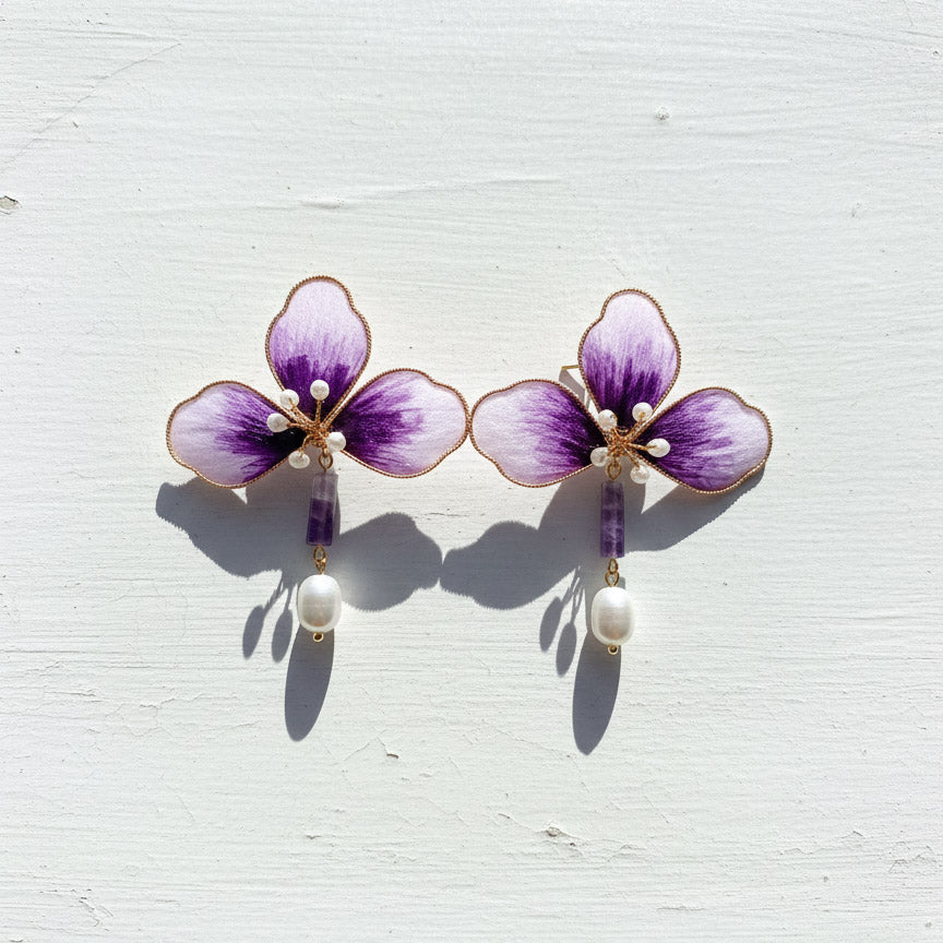 Handpainted Silk Orchid Earrings with Jade & Pearls