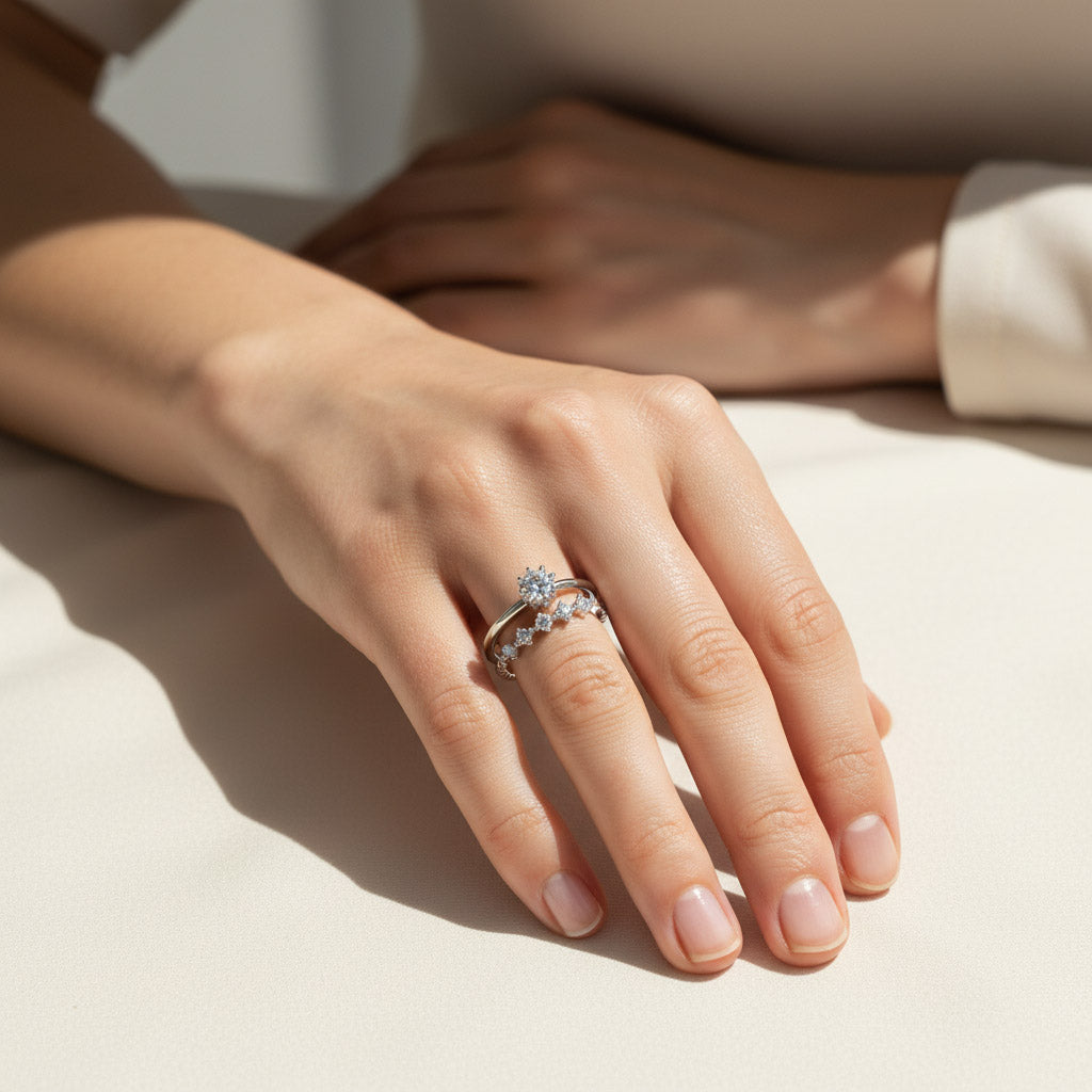 Moissanite Solitaire & Pavé Stacking Ring Set