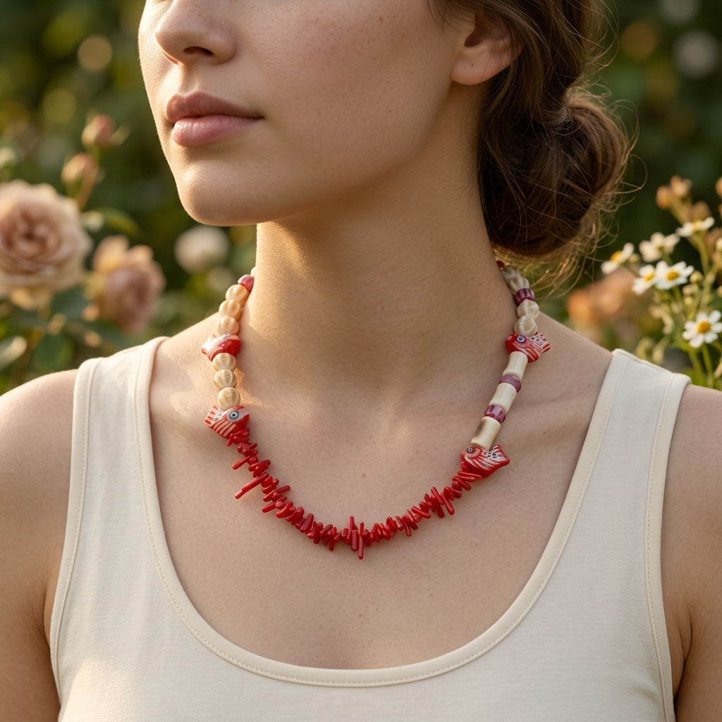 Ocean Fish & Coral Beaded Necklace with Porcelain Details