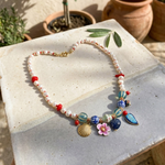 Pearl & Porcelain Charm Necklace with Coral & Enamel