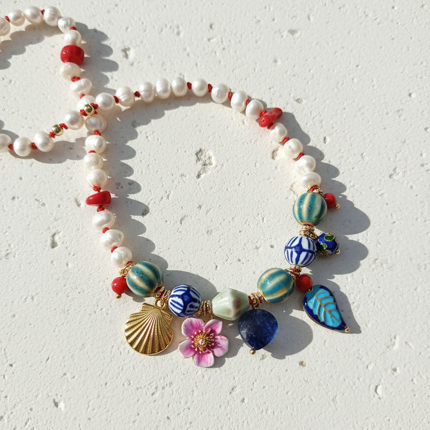 Pearl & Porcelain Charm Necklace with Coral & Enamel