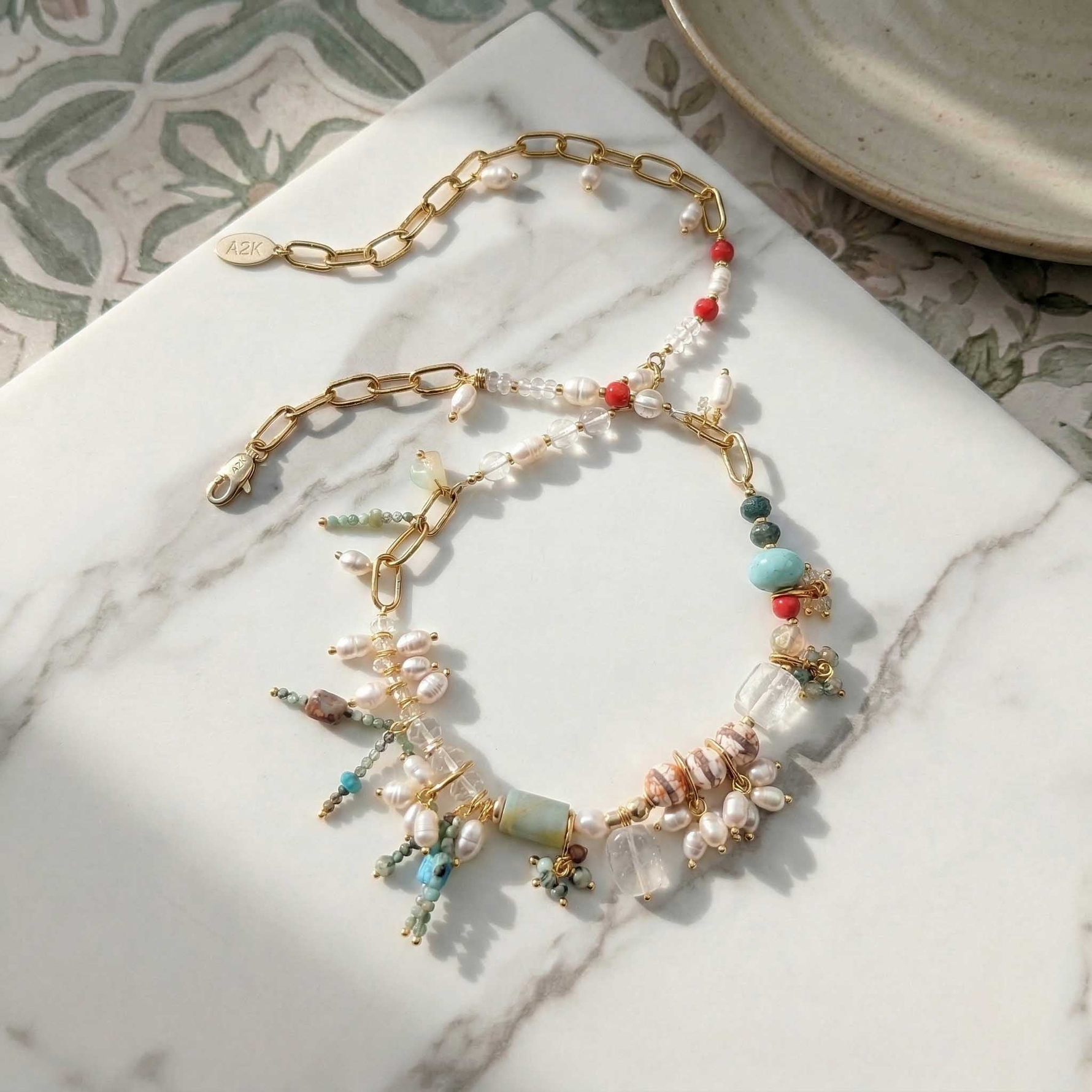 Quartz, Turquoise & Pearl Cluster Necklace