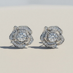 Rose Bloom Moissanite Stud Earrings in Platinum Plated Sterling Silver