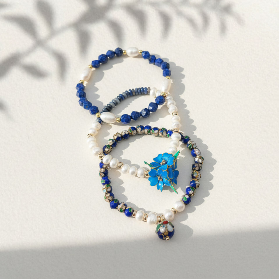 Handcrafted Floral, Cloisonné, Sodalite & Lapis Beaded Bracelet Set (3pcs)