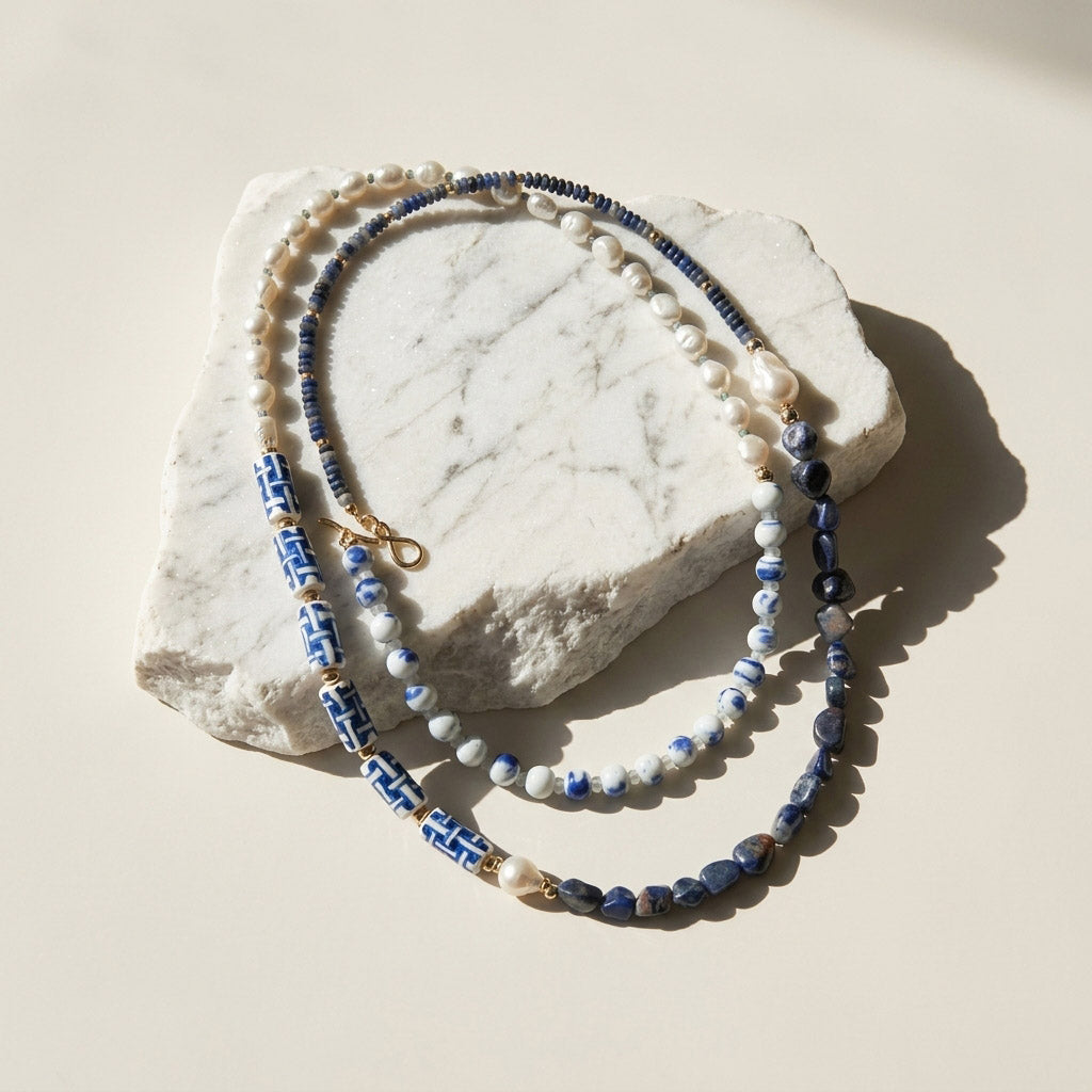 Sodalite & Porcelain Long Beaded Necklace