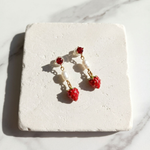 Strawberry Enamel Drop Earrings with Pearl