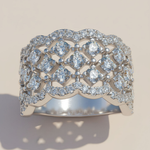 Wide Moissanite Band Ring in Platinum Plated Silver
