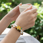 Handcrafted Floral, Cloisonné, Yellow Opal & Tiger Eye Beaded Bracelet Set (3pcs)
