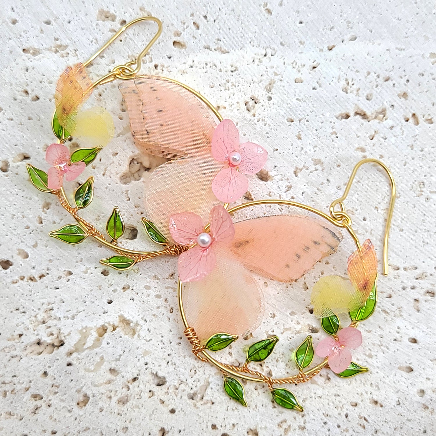 Pink Butterfly Hydrangea Flower Hoop Earrings