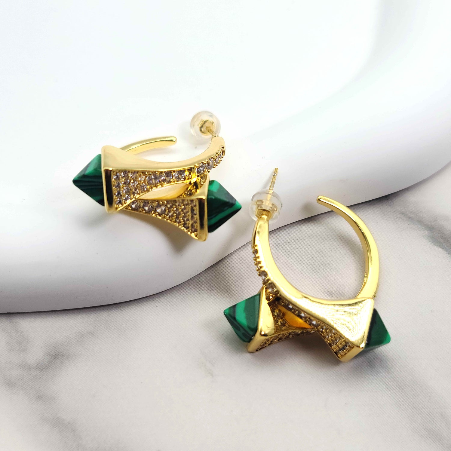 Vintage style Malachite Emerald Green Pyramid Hoop Earrings
