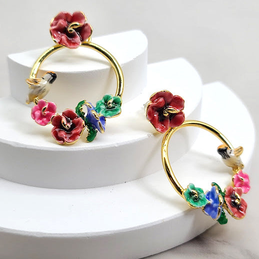 Bird Sakura Flower Earrings