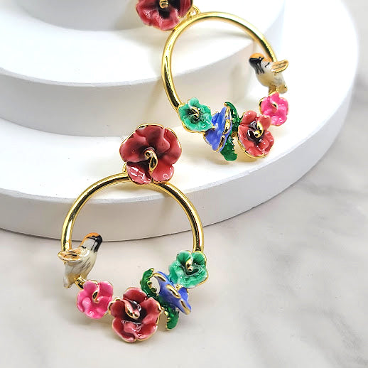 Bird Sakura Flower Earrings