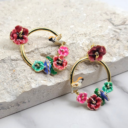 Bird Sakura Flower Earrings
