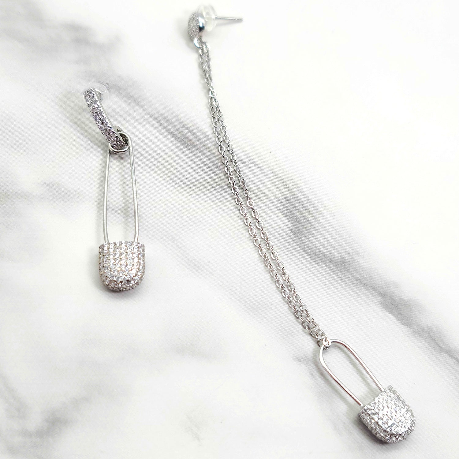 925 Silver Safety Pin Earrings with Chain