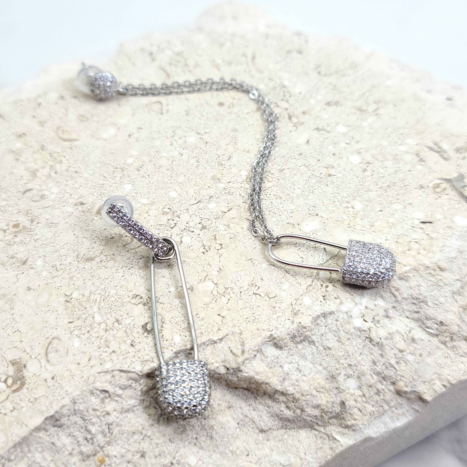 925 Silver Safety Pin Earrings with Chain
